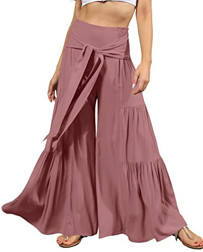 Yimutian Damen Freizeithose Palazzo Hose mit Weitem Bein Lange Einfarbig Baggy Strandhose mit Elastischen Bund Begonie Rot M