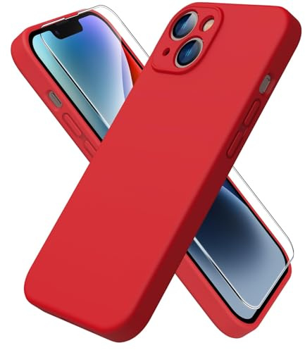 ACRONIX Cover Silicone Per iPhone 14(6.1),con 1 Pellicola Vetro TemPerato,Morbido Silicone Liquido Custodia Protezione Completa con Fodera in Microfibra,Ultra-Sottile Cover Per iPhone 14-Rosso | Rosso,6.1,protezione 360 gradi,antiurto,bordi rialzati schermo fotocamera,antigraffio, tocco morbido, fodera in microfibra