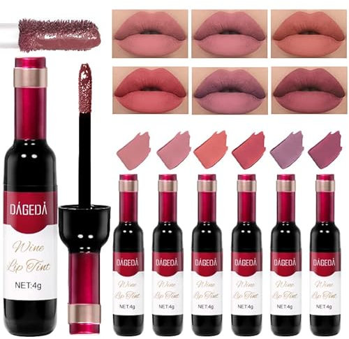 Prreal 6Pcs Wine Lip Tint, Matte Lipstick Lip Stain Set Long Lasting Waterproof Lip Stain Set, 6 Colors Velvety Liquid Wine Bottle Lip Gloss, Non-stick Cup Lip Makeup Gift Kit for Girls Women(Set B)