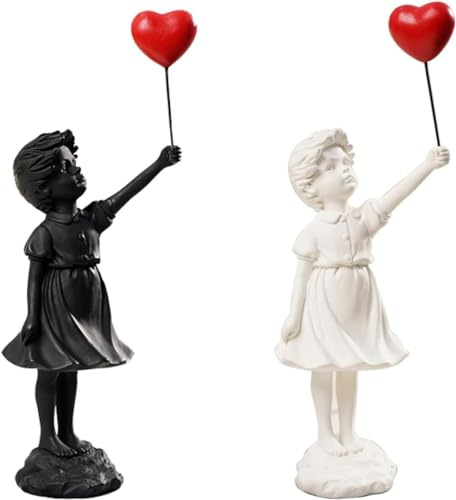 CHEYLIZI Statue Fliegende Ballon Mädchen Figur, Wohnkultur Moderne Kunst Skulptur Harz Figur Handwerk Ornament Weiß+schwarz