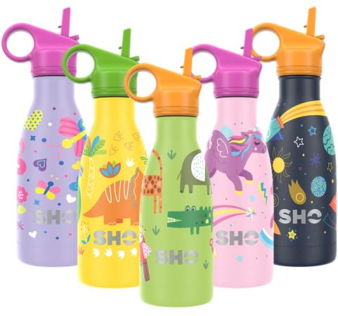 SHO Kids Bottle - Original 2.0 - Bouteille isotherme à double paroi en acier inoxydable - Chaud pendant 12 heures et froid 24 heures - 260 ml - Sans BPA (260 ml, profond dans la jungle avec couvercle