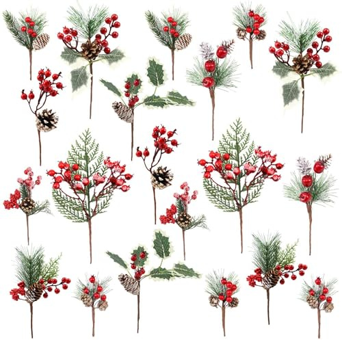 Mklsit 20 Pack Artificial Christmas Tree Picks Assorted Christmas Sprigs Snowy Red Berry Pine Picks Spray with Pinecones Apples Holly Berries Leaves for Gift Toppers Wreath Garland Winter Holiday Déco