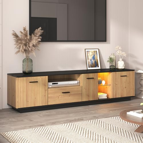 BTM Meuble TV, Etagère en Verre, 3 Portes, Compartiments Ouverts e Tiroir, Banc TV pour Salon Chambre, Noir et Bois Naturel