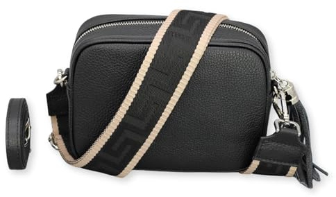 Brise Art KIRA Silber Umhängetasche Echtleder Handgefertigt Crossbody Bag | Damen Schultertasche mit Ledergurt & wahlweise gemustertem Riemen, Echtes Leder, 2 Fächer, Made in Italy