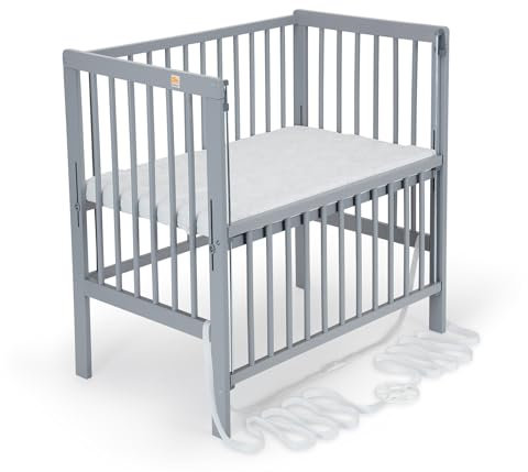 FabiMax Baby Beistellbett Flex mit innovativem Seitengitter für Boxspringbett, Buche massiv grau, inkl. Matratze Comfort