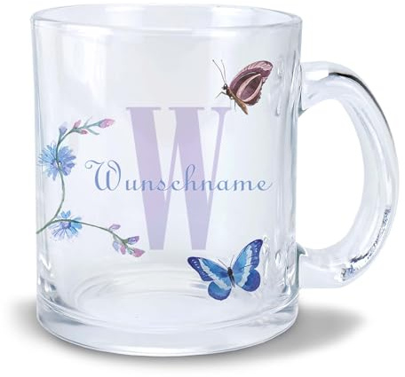 Kiwistar Tasse transparent Glas - Schmetterling - individuell personalisiert mit Wunschtext bedruckt - Texttasse selbst gestalten - Tassen selber personalisieren - Spruch - Geschenk - Motivtasse