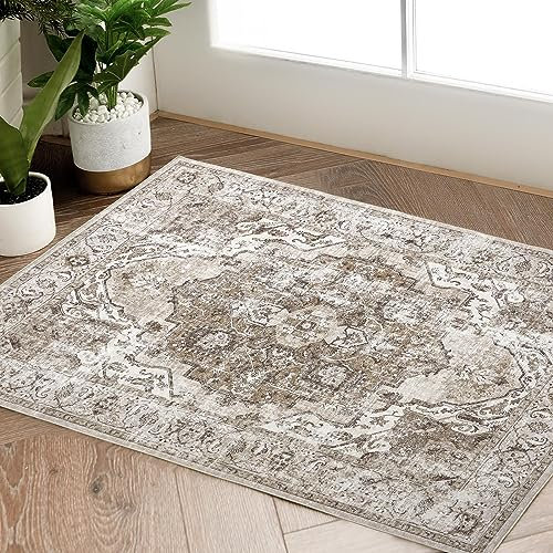 TOPICK Felpudo lavable 60 x 90 cm marrón pelo corto alfombra vintage interior plegable alfombra fina retro desgastada Multi estampado floral país boho antideslizante cocina dormitorio