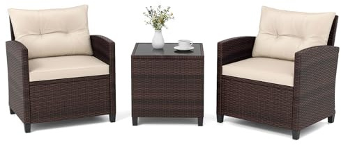 GIANTEX Conjunto de Muebles de Jardín, 3 Piezas de Ratán para Exterior, 2 Sillones con Cojines y 1 Mesa de Panel de Vidrio, Mesa y Sillas para Terraza, Jardín, Patio (Beige)