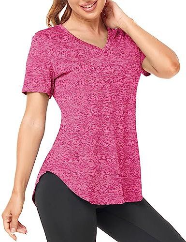 Deaviya Women's Sports T-Shirt Gym Tops V Neck UK, Short Sleeve Workout Top Running Yoga Shirts for Women, Activewear Short Tops, Dancing Exercise Tops Loose Fit, Quick Dry T Shirt Red