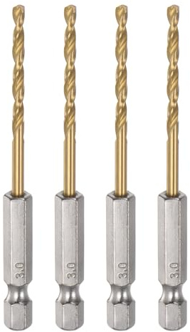 sourcing map 4pcs 1/4 Hex Shank Drill Bits 3mm Titanium Drill Bits Set M35 High Speed Steel Twist Drill Bit 80mm Long Fully Ground for Wood, Stainless Steel, Metal, Plastic Plastic