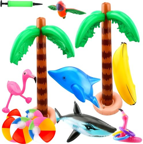 18 Pcs Inflatable Palm Coconut Trees Beach Pool Toys Blow Up Flamingo Banana Beach Balls Shark Dolphin for Pool Party Themed Party Supplies Hawaiian Luau Tropical Summer Beach