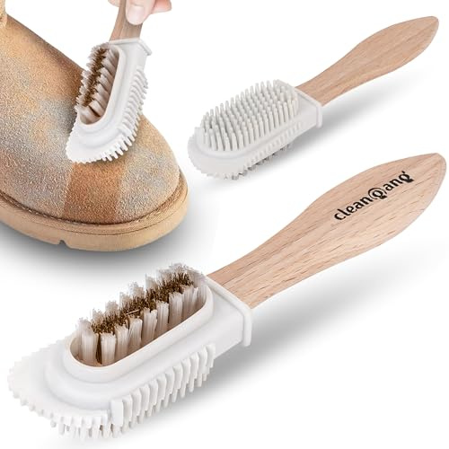 Cleangang Schuhputzbürste Boot Champ, Kunststoff- & Messingborsten, Buche | Gummiseiten für Nähte & Kanten, ergonomischer Buchenholzgriff, für Nubuk- & Wildlederschuhe, schonende Pflege