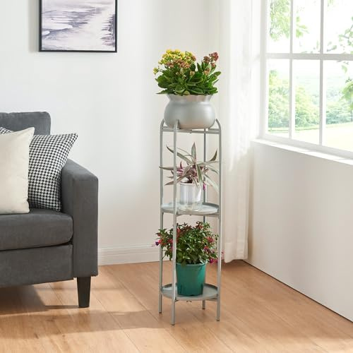 [en.casa] Blumenständer Altena Pflanzenständer mit Blumentopf und 2 Ablagen Metall Grau Pflanzenregal 94,5 x 27 x 27 cm Blumensäule für innen Blumentopfständer
