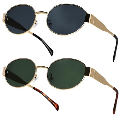 Morocket Oval Sunglasses 2 PCS, Retro Sunglasses Womens, Gold Sunglasses Men, Polarized UV400 Protection, 90s Vintage Sunglasses for Outdoor, Driving, Traveling (Green+Black Gray)