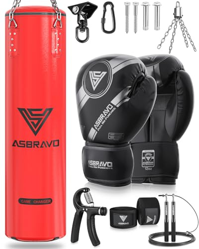 ASBRAVO Boxsack Set für Erwachsene, 120cm PU mit Boxhandschuhe, Rot