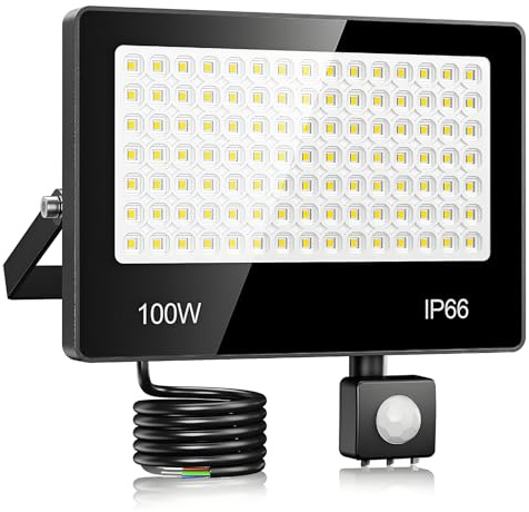 VRTOGTHE 100W LED Strahler mit Bewegungsmelder Außen - 10000LM 7000K Kaltweiß LED Scheinwerfer mit Bewegungsmelder, IP66 Wasserdichte LED Fluter für Höfe, Gärten, Gehwege, Garage