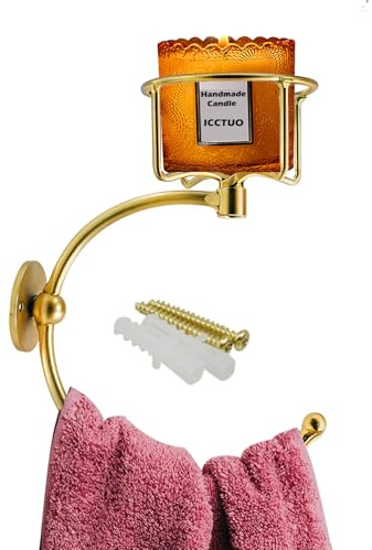 ICCTUO Gold Hand Towel Holder for Bathroom Wall, Towel Hook with Wall Candle Holder,Elegent Towel Ring Rose Gold, Sturdy Towel Rack Wall Mounted Hanger for Bathroom