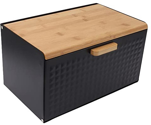Panera de madera vintage para almacenamiento de encimera de cocina, panera grande resistente con tapa, color negro
