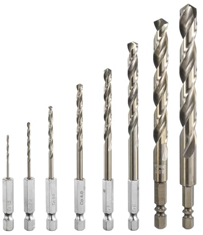 sourcing map M35 High Speed Steel Cobalt Twist Drill Bit Set 1.5/2/3/4/5/6/8/10mm with Quick Change 1/4 Hex Shank Jobber Drill Bit for Metal, Steel, Copper, Aluminum, Zinc Alloy