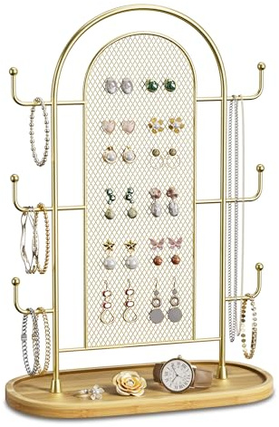 bussdis Jewelry Display Earring Stand Gold Organizer Earring StorageTree Jewelry Rack Towers with 6 Hooks 300 Stud Holes Wood Tray for Necklaces Bracelets Ring