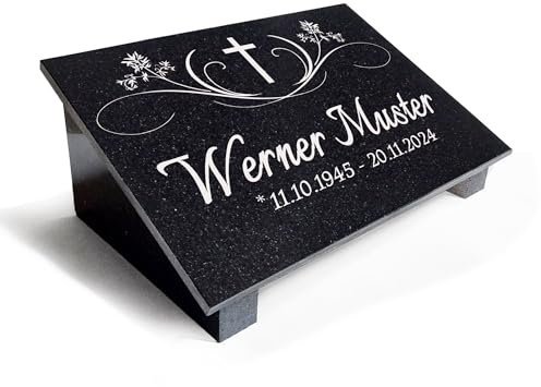 Granit Grabstein Grabplatte Urnengrabstein Gedenktafel Urnenliegestein Gravur + mit Stützen Motiv Kreuz NN10 (30x20cm mit Stützen)
