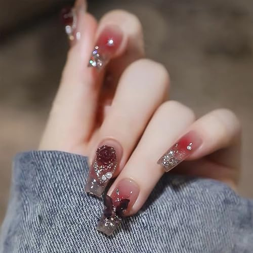 TELAIN Glitzernde Coffin-Formige Nagelklammern, Falsche Nagelspitzen, Vollabdeckung, Mittel, Gradient-Falschnägel für Frauen und Mädchen, 24 Stk. (Rot Coffin)