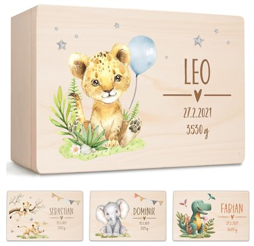 Little Deco Personalisierte Erinnerungskiste aus Holz | M - 30 x 20 x 13 cm - Design 2 | Erinnerungskiste mit Baby Löwen Geschenk Geburt & Taufe Geburtstagsgeschenk für Mädchen und Junge XHL1040-2-M