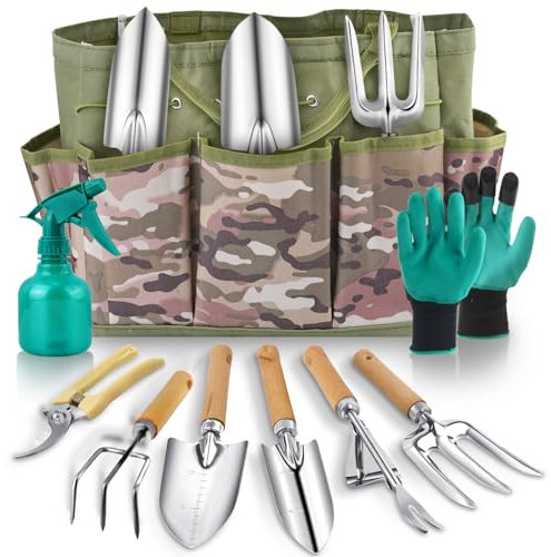Saraily Lot de 9 outils de jardinage robustes avec sac à main durable et gants en caoutchouc antidérapants et anti-rouille, cadeau de jardin idéal pour femme, maman