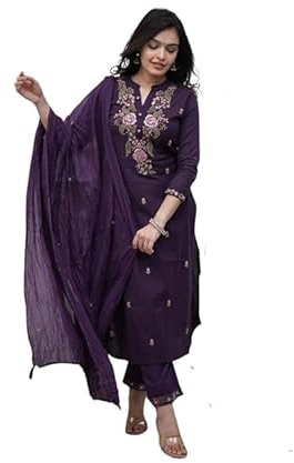 Sambhav Quilt Hub dam bomull anarkali broderad tung spets festlig bröllopsfest Kurta Dupatta set, Lila, M
