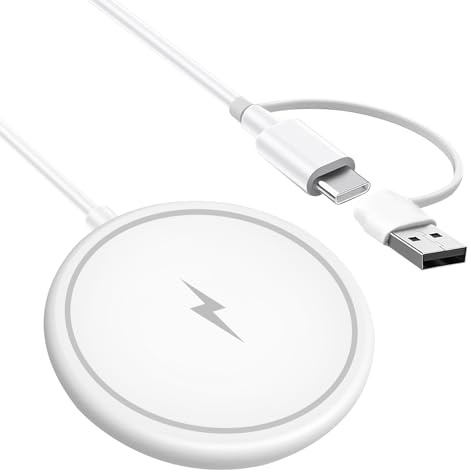 Chargeur 15W Compatible avec iPhone 15 14 13 12 11 X XS XR SE Pro 2, Chargeurs Magnétiques sans Fil Portable Ultra-Mince, Port USB-C et USB-A, Sécurisé et Rapide, Blanc
