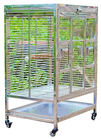 Großer Papageienkäfig aus Edelstahl mit Holzständer, bewegliches und langlebiges Design, inklusive rollenden Rädern und Futterbechern für einfaches Füttern und Mobilität
