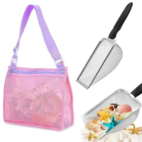 Tokaneit Spiaggia Mesh Pala per Bambini con Borse per Giocattoli di Sabbia,Pala con Filtro a Conchiglia,Filtro a Conchiglia,Filtri,Borsa a Rete,Giocattoli da Spiaggia per Bambini
