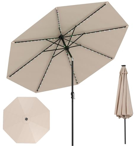 300cm Sombrilla Patio, Parasol Resistente a Decoloración con 96 Luces LED, Inclinación Ajustable 35°, Parte Superior Ventilada, 8 Varillas, Sombrilla de Exterior para Patio, Playa, Piscina (Beige)