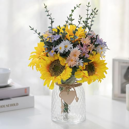 Nuptio Flores Artificiales Florero para Mesa: Arreglo Girasoles Imitacion en Florero para Casa Salon Cocina - Centro de Flores Decorativas Falsas para Ventana Repisa Decoracion