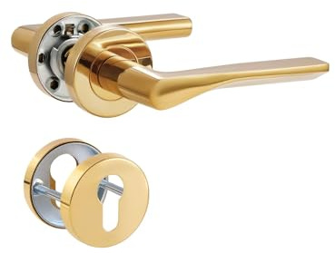 SORWDUERM Türgriff Pvd Gold Drückergarnitur, Edelstahl matt gebürstet, Türklinke Set für Haustür und Innentür, L-Form, Rund-Rosette, PZ - Profilzylinder