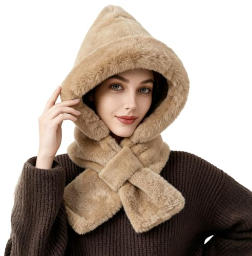Scarf for Women, Hooded Scarfs 2-in-1 Hat and Scarf Set Warm Womens Winter Hat Fuzzy Soft Plush Thick Hats, Coffee Set