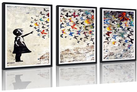 Banksy Gerahmter Leinwanddruck Wandkunst Street Pop Art Mädchen und Schmetterling Buntes Gemälde Graffiti-Kunstwerk für Wohnzimmer Schlafzimmer Wanddekoration Fertig zum Aufhängen 30x41cmx3Stk SCHWARZ