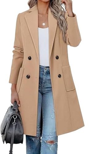 Cappotti invernali da donna Cappotto invernale da donna in misto lana color cammello, giacca con revers doppiopetto e tacca, capispalla