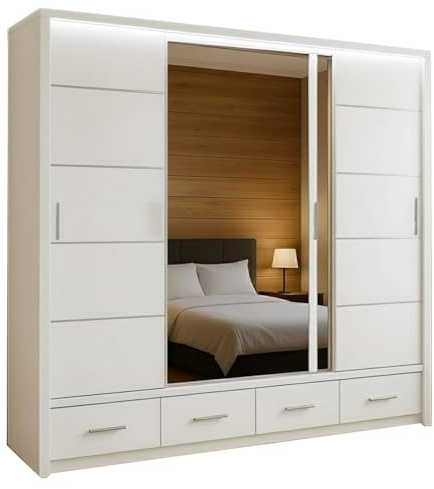 Seattle Sliding Mirror Wardrobe with High Gloss Doors, LED Light, Drawers Shelves & Hanging Rails – Modern Bedroom Furniture – Grey, Black & White – 207cm / 255cm (White, 255cm)