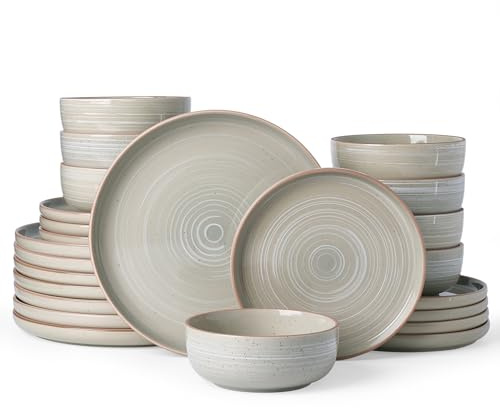 Famiware Meteor Plates and Bowls Sets, 24-Piece Stoneware Dinnerware Sets, Dishes Set for 8, Microwave and Dishwasher Safe Tableware, Matcha Green