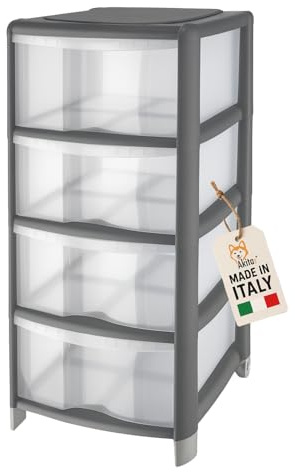 AkitaInk Cassettiera Grigia 4 Cassetti Trasparenti in Plastica con Bordo Grigio e Modello Bambù - Mobiletto Organizer Multiuso per Casa, Bagno, Camera e Ufficio - Design Moderno e Salvaspazio