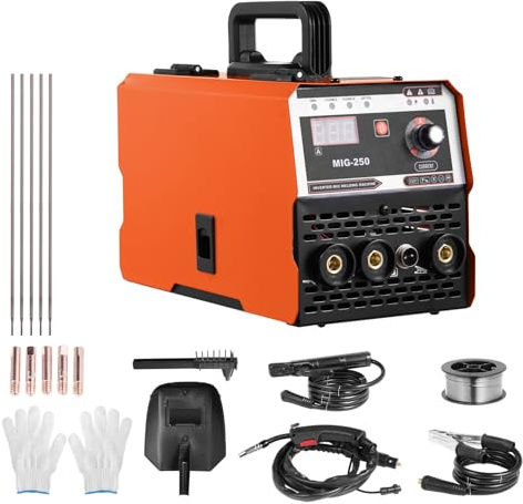 250A MIG MAG Schweißgerät, 3-in-1 Elektroden Schweißgerät(Flux MIG/ARC,MMA/Lift WIG),Fülldraht Schweißgerät Ohne Gas Mit MIG Schweißpistole,Tragbares IGBT Inverter MIG Schweißgerät für Profis/Home DIY