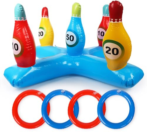Aurihxus Design del birillo da Bowling, Gioco Gonfiabile del Lancio dell'anello, Gioco di Lancio per Bambini per Feste Giochi da Piscina in Estate Giochi d'Acqua galleggianti Gioco Estivo in Piscina