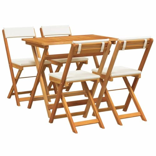 PUGYNBK Akazienholz Bistrogarnitur 5-teilig, Öl-Natur Massivholz Akazie, Faltbare Bistro-Set mit Kissen 5 pcs, bestehend aus einem Tisch und Vier klappbaren Stühlen für den Außenbereich
