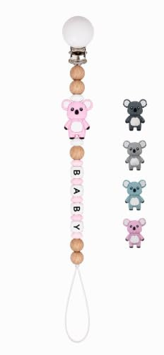 Baby nappkedja klämma, nappkedja 3D djur pärla nappband flickor och pojkar, klämmor för haklapp, triangulär halsduk, napp/barnvagn/babybär/bilstol, baby gåva (koala) (ljusgrå)