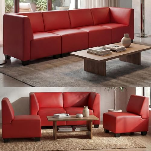 Mendler Modular 4-Sitzer Sofa Couch Lyon, Kunstleder - rot, hohe Armlehnen