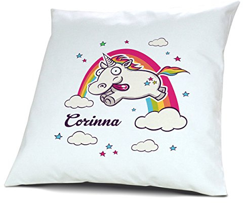printplanet Kopfkissen mit Namen Corinna - Motiv Verrücktes Einhorn, 40 cm, 100% Baumwolle, Kuschelkissen, Liebeskissen, Namenskissen, Geschenkidee