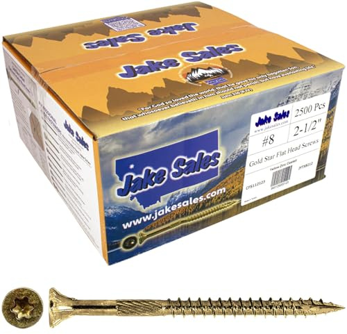 Jake Sales #8 x 2 1/2 Gold Star Wood Screw Torx/Star Drive Flat Head - Multipurpose Screws (Full Box - 2500 Count)