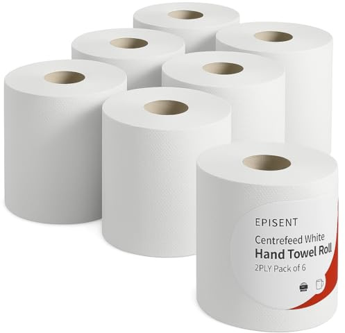 EPISENT White Centrefeed Rolls 2 Ply Embossed Kitchen Paper Towels Pack of 6 Strong Absorbent Centre Feed Wiper Roll for Home Kitchen Garage and Commercial Cleaning