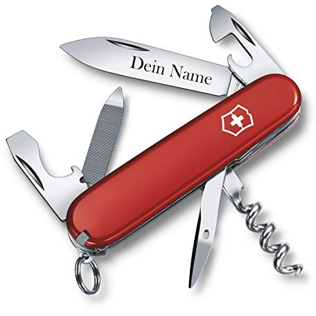 Taschenmesser SPORTSMAN mit Wunsch Gravur auf der Klinge I Geschenk für Männer Frauen I zum Geburtstag I Schweizer Taschenmesser personalisiert mit 13 Funktionen 0.3803